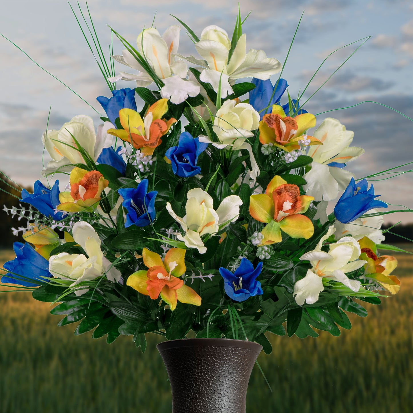 Blue Tulips and Yellow Orchid